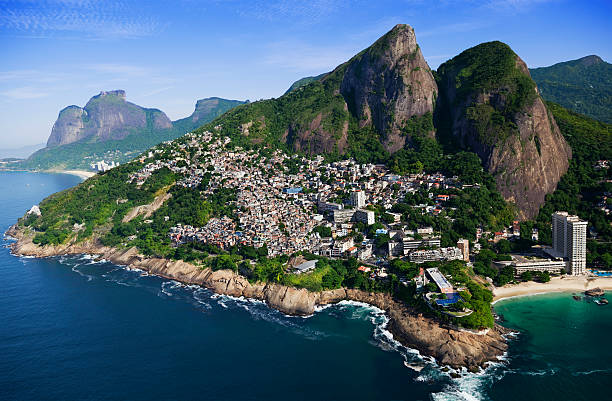 Sunny day at Copacabana beach with the hills of Rio de Janeiro in the background