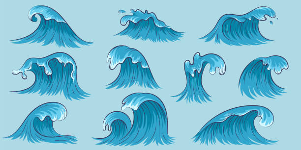 Sea waves collection Vector sea waves collection. Isolated ocean water splash set in cartoon style. storm surge icon stock illustrations