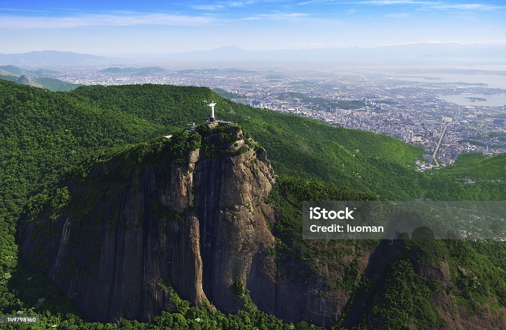 Corcovado Mountain and Christ the Redeemer City´s north zone in the background. Guanabara Bay (right), Maracana (center) and Engenhao (left) stadiums. Rio de Janeiro Stock Photo