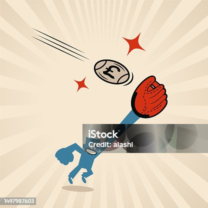 istock A smiling blue man wearing a baseball glove is catching a baseball with a money symbol on it 1497987603