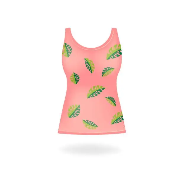 Vector illustration of Women's T-shirt 3d icon, summer clothing. T-shirt with leafy prints. Bright icon. Vector illustration.