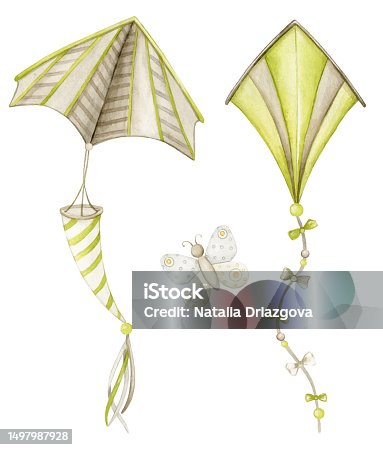 istock Set of watercolor illustrations, Kites, butterfly. Hand drawn flying toy for outdoor activity element. Colorful single kites objects and insect, isolated on white background. 1497987928