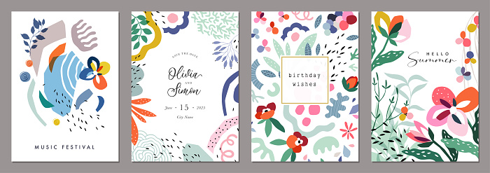 Creative universal art templates with abstract and floral elements. For poster, greeting and business card, invitation, flyer, banner, brochure, email header, post in social networks, advertising, events and page cover, background, corporate style, and other graphic design.