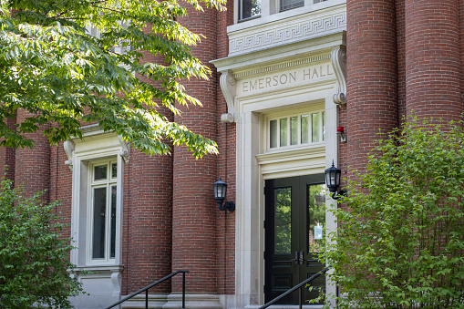 Cambridge, MA, USA - June 29, 2022: Emerson Hall, which is named after the philosopher, author, and Harvard alumnus Ralph Waldo Emerson, and houses the Department of Philosophy on Harvard's campus.