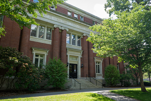 Cambridge, MA, USA - June 29, 2022: Emerson Hall, which is named after the philosopher, author, and Harvard alumnus Ralph Waldo Emerson, and houses the Department of Philosophy on Harvard's campus.