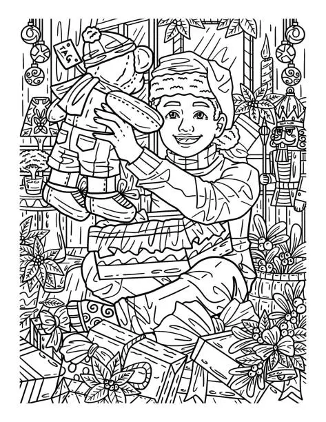 Vector illustration of Boy with Christmas Gift Adults Coloring Pages