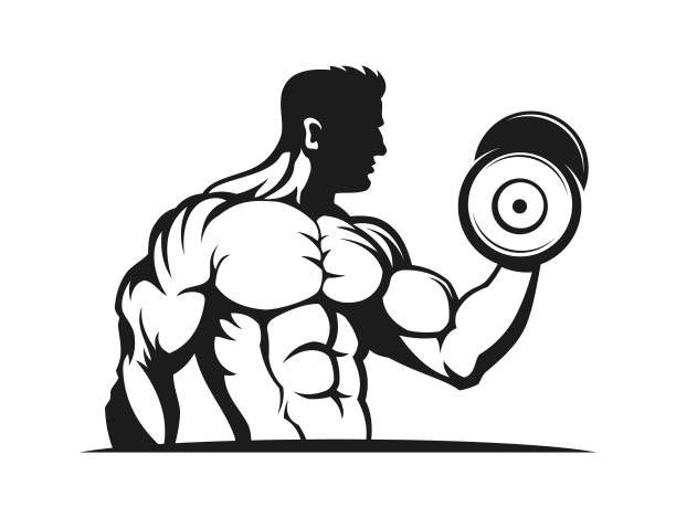 Muscular bodybuilder with dumbbells exercising - cut out vector silhouette Stylized silhouette of a muscular man bodybuilder doing exercises for biceps muscles with dumbbells - cut out vector icon, sticker or decal t shirt transfer stock illustrations