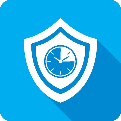 Vector illustration of a shield and clock with fifteen minutes icon against a blue background in flat style.