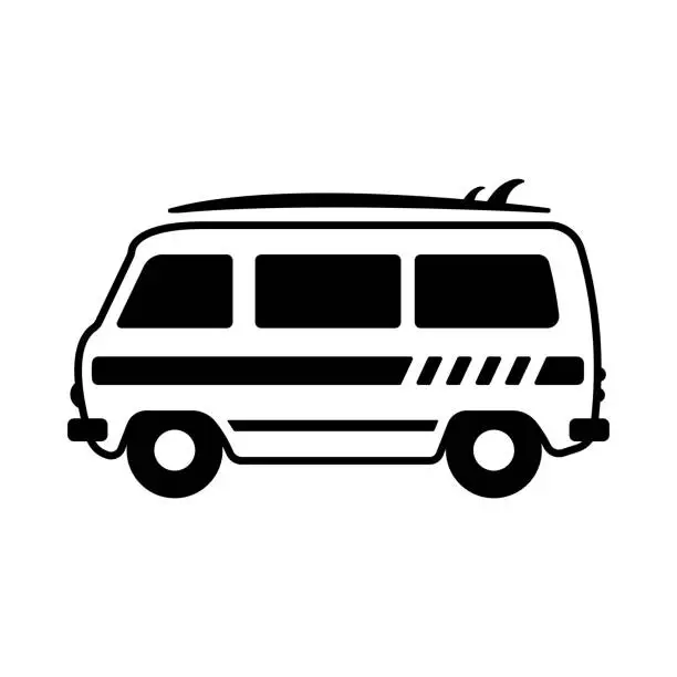 Vector illustration of Minibus icon. Camper, van. Black contour linear silhouette. Side view. Editable strokes. Vector simple flat graphic illustration. Isolated object on a white background. Isolate.
