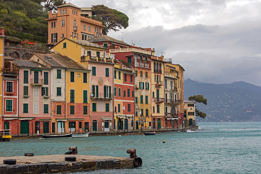 Colour Facades at Houses in Portofino Italy Winter Day