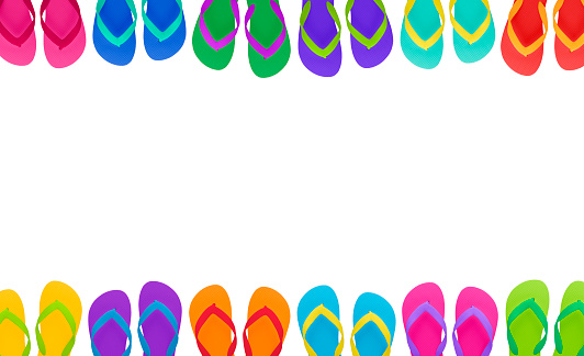 Colorful  flip-flops sandals top and bottom border with pure white copy space center for your text