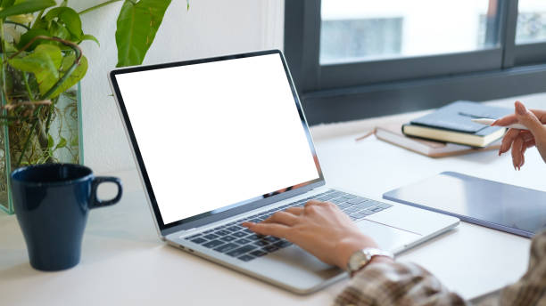 istock Focused businesswoman using laptop computer at bright modern office. 1498003497