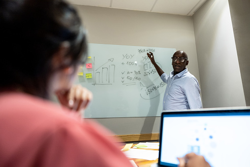 Mature businessman doing a presentation on a board room