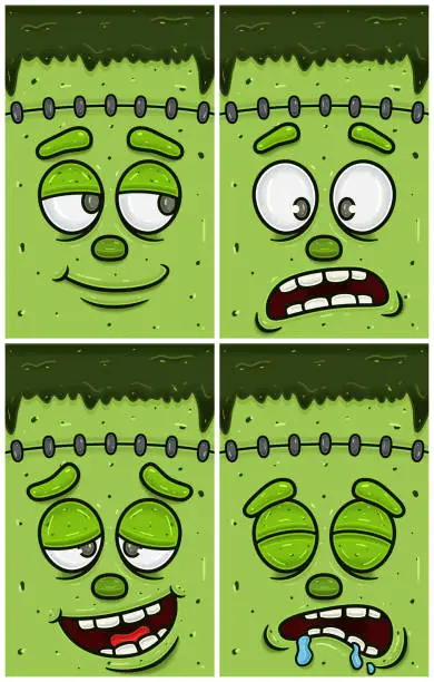 Vector illustration of Hopeful, Disbelieving, High And  Sleepy Expression of Frankenstein Face Character Cartoon. Wallpaper, Cover, Label and Packaging Design Set.