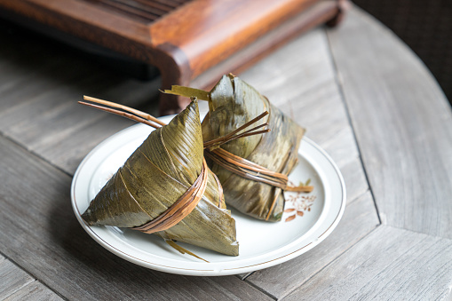 Zongzi. Rice dumpling for Chinese traditional Boat Festival, Duanwu Festival. High angle view.