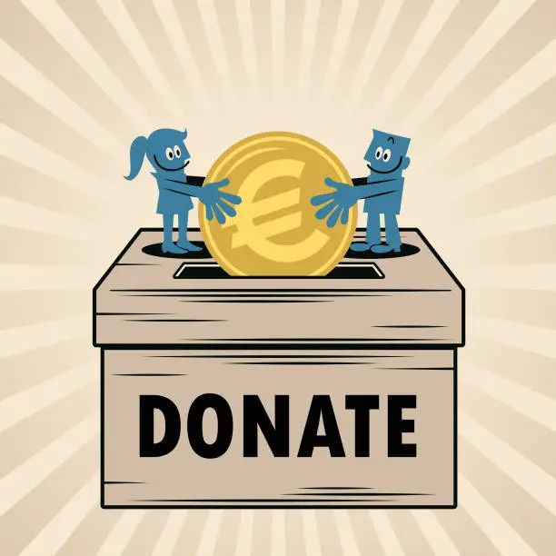 Vector illustration of The smiling woman and man are putting money into a big donation box together