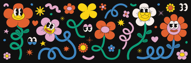 Retro cartoon flower character sticker pack. Groovy funky comic daisy flower with eyes and abstract cloud shapes in trendy retro cartoon style. Vector illustration with wavy spiral and loop elements.
