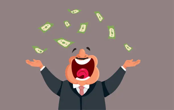 Vector illustration of Happy Cheerful Businessman Throwing with Money Showing Wealth Vector Cartoon