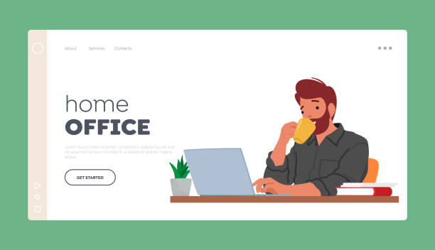 home-office-landingpage-vorlage. mann sitzt an seinem laptop, schlürft kaffee, vertieft in seine arbeit, vektorillustration - treppenabsatz stock-grafiken, -clipart, -cartoons und -symbole