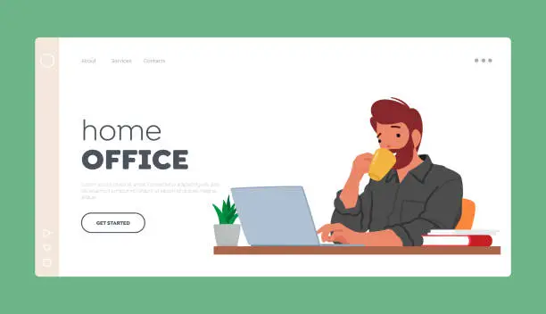 Vector illustration of Home Office Landing Page Template. Man Sits At His Laptop, Sipping Coffee, Engrossed In His Work, Vector Illustration