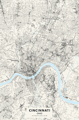 Poster Style Topographic / Road map of Cincinnati, OH. Map data is public domain via census.gov. All maps are layered and easy to edit. Roads are editable stroke.