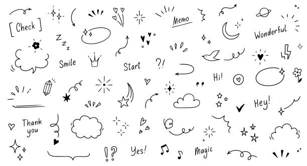 Doodle cute star, sparkle pen line elements. Doodle heart, emphasis, star, sparkle decoration symbol set icon. Simple sketch line style emphasis, glitter, pattern elements. Vector Doodle cute star, sparkle pen line elements. Doodle heart, emphasis, star, sparkle decoration symbol set icon. Simple sketch line style emphasis, glitter, pattern elements. Vector illustration. sweating cartoons stock illustrations