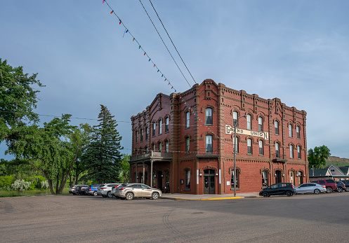 Fort Benton, Montana, USA – June 06, 2023:  Exterior of the Grand Union Hotel on Front Street