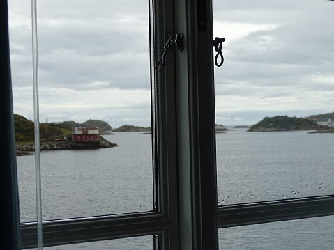 View from the window of our accommodation in Henningsvaer Lofoten Norway with sea view
