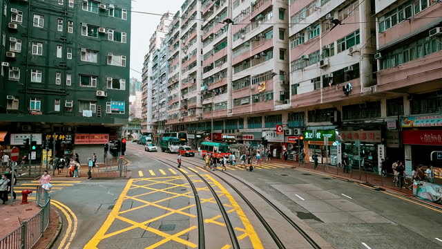 4K Time lapse or Hyper lapse : Hong Kong cityscape and downtown district for transportation, front view from moving tram.