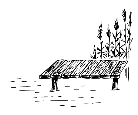 Simple wooden pier, reeds, water. Rest on the lake, fishing. Summer nature, pond. Sketch in ink. Vector black outline drawing.