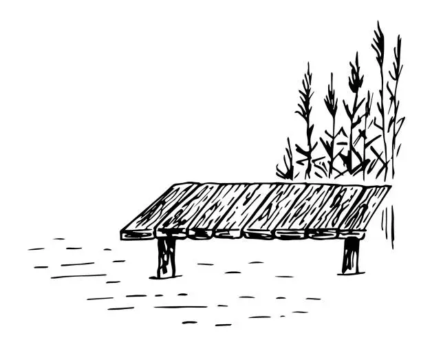 Vector illustration of Simple wooden pier, reeds, water. Rest on the lake, fishing. Summer nature, pond. Sketch in ink. Vector black outline drawing.