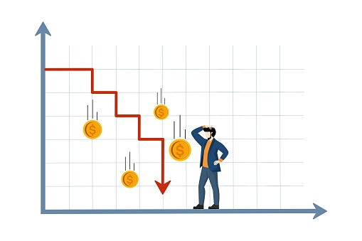 Financial crisis, risky investment strategy, sudden stock market crash, loss of money, devaluation of capital, bad economic situation, Businessman broke due to falling arrow chart. vector illustration.