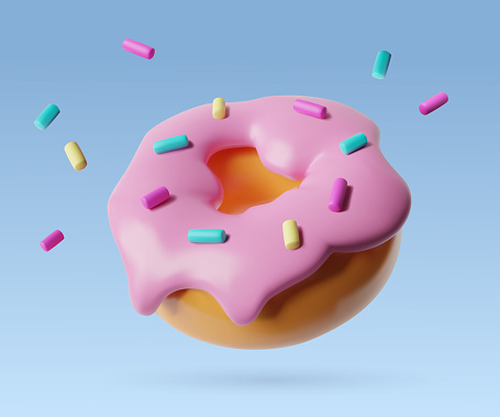 3d realistic donut with pink icing and flying colorful sprinkles. Glossy plastic three dimentional cute food icon. Vector illustration on removable blue background.