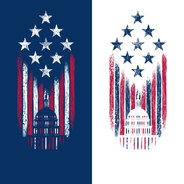 Grunge abstract USA flag with Capitol silhouette isolated on blue and white background