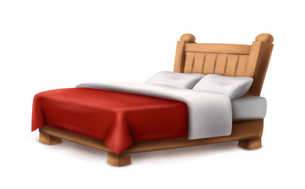 вектор в мультяшном стиле. деревянная двуспальная кровать с красным покрывалом, одеялом и двумя подушками. изолированный на белом фоне. - sheet single bed bed duvet stock illustrations