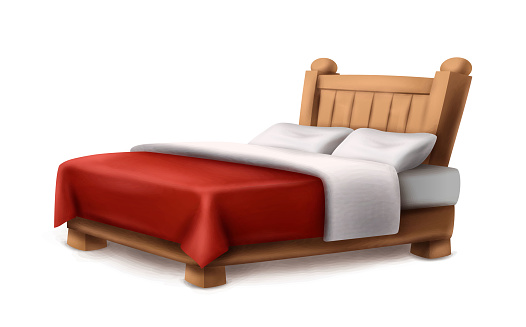 Cartoon style vector icon. Wooden double bed with red cover blanket and two pillows. Isolated on white background.