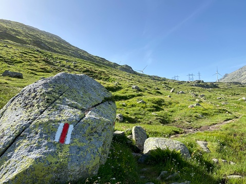 Hiking trails or mountaineering routes in the summer Swiss Alpine environment and in the St. Gotthard pass (Gotthardpass) mountain area, Airolo - Canton of Ticino (Tessin), Switzerland (Schweiz)