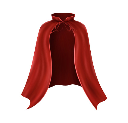 3d realistic vector icon illustration. Red cape. Flowing, wavy fabric for carnival, vampire, witches or illusionists.