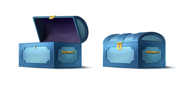 Cartoon style vector icon. Wooden treasure chest in blue color opened and closed. Isolated on white background.