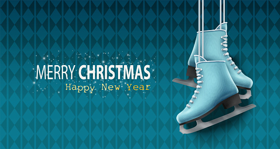 Happy New Year 2023. Merry Christmas. Template for greeting card, banner, flyer. Hanging ice skating shoes on the wall.