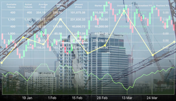 istock Tower crane and mobile crane working on modern buildings projects with graph, chart and candlesticks data for stock business and construction industry presentation background. 1498050341