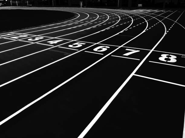 Start and Finish point of a race track in a stadium(Black and white photo)