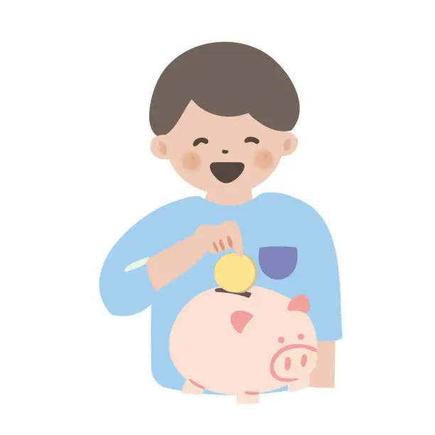 Vector illustration of person putting coin into piggy bank