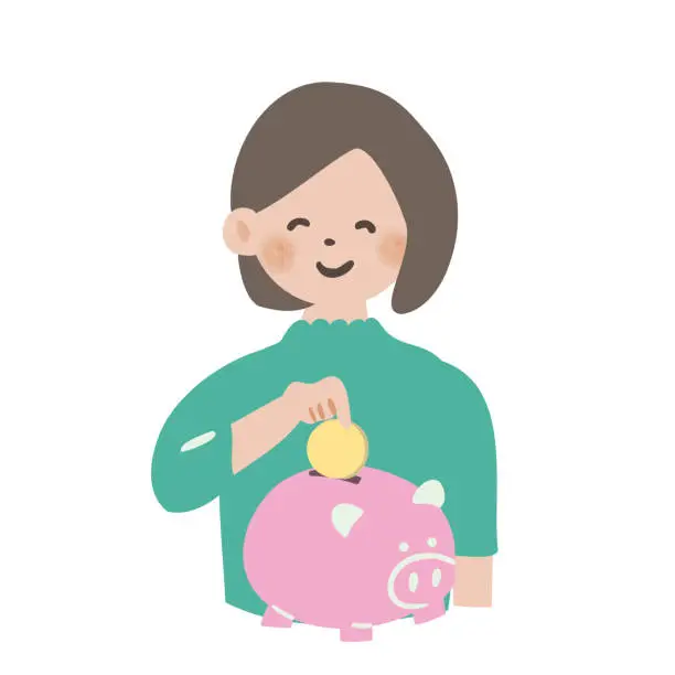 Vector illustration of person putting coin into piggy bank