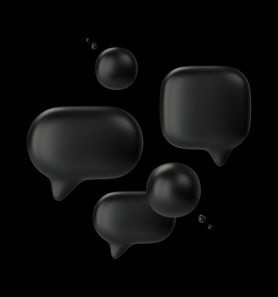 Modern black 3d speech bubbles stacked on top of each other. Messaging, online support and chat concept.