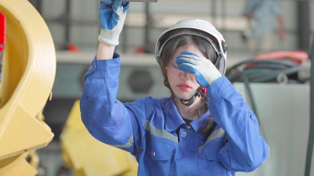 Female industrial engineer or technician had accident or fainting due to hot weather and fell to floor while working, check the work system of robotic arm at production line in factory. An occupational health and safety in industrial factory. Injury and accident at work. la ingeniera o técnica industrial tuvo un accidente o desmayo debido al clima cálido y cayó al piso mientras trabajaba, verifique el sistema de trabajo del brazo robótico en la línea de producción en la fábrica. una fábrica industrial de salud y se