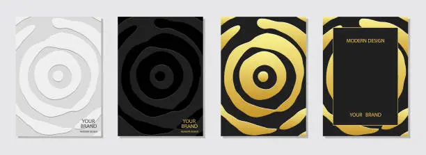 Vector illustration of Cover design set. Black texture background, golden texture. Geometric vintage pattern with circles. Minimalistic collection, grunge overlay layer.