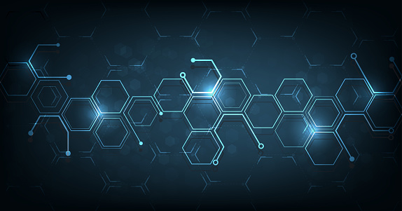 Background of hexagon geometric dark blue pattern bright. healthcare medical and technology background.Graphic digital science concept design.