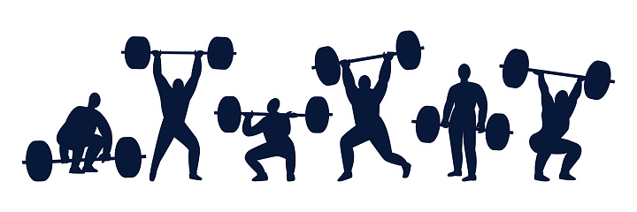 Silhouettes of heavy athletes lifting barbell. Weightlifters in different poses isolated on a white background. Black and white vector illustration