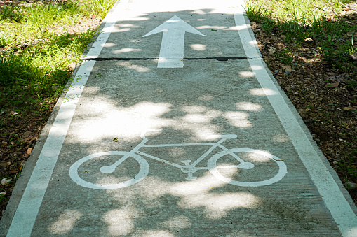 The picture shows a road for bicycles with direction indicators and pictures of bicycles on the road surface.